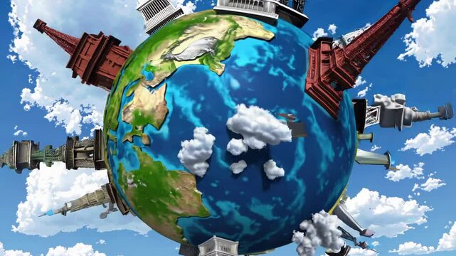 Famous monuments from all over the world protrude from planet earth rotating slowly under a cloudy sky, in a conceptual 3d animation showing different colors and textures for the continents