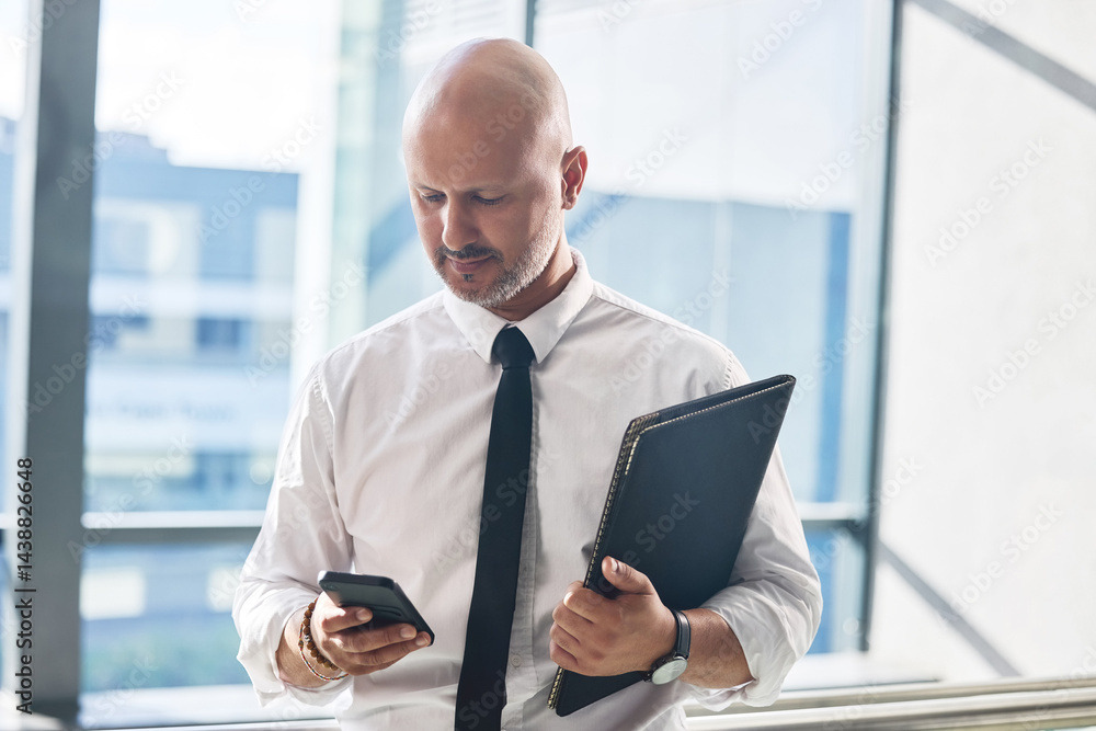 Poster cellphone, man and networking in office for business meeting, report and email or review. profession