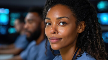 Obraz premium Cyber defense agents work tirelessly in a hightech hub, pinpointing threats with precision and expertise in a digital landscape.