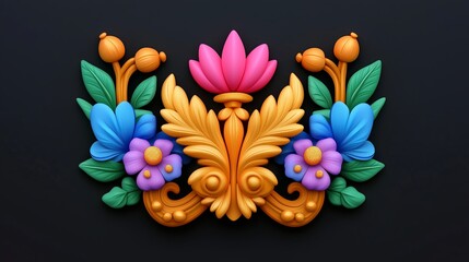 Colorful Floral Design Ornament with Gold Accents on Dark Background