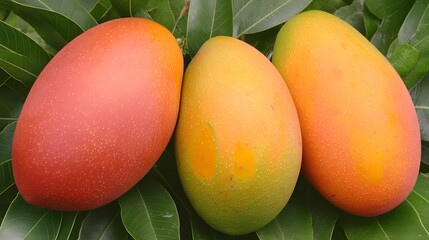 Three Ripe Mangos on Branch Close Up