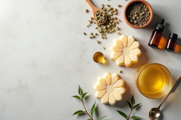 Top-down composition of a soap-making setup, molds, essential oils, dried herbs, and a mixing spoon on a clean countertop, natural and handmade