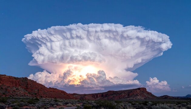Massive thunderhead cloud formation over desert cliffs illuminated internally by lightning