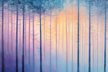 Misty pine forest at dawn