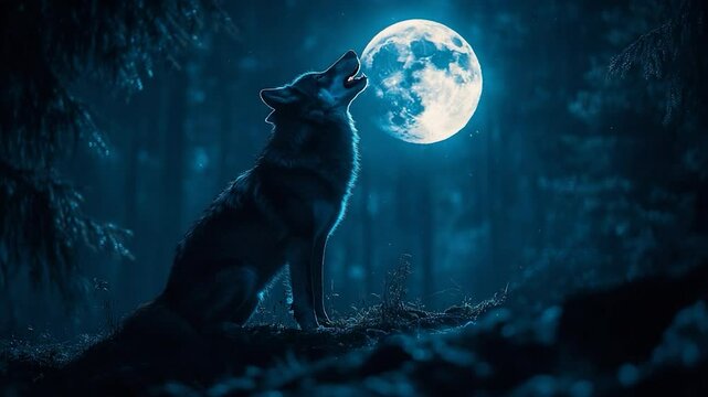 Silhouette wolf howling at full moon in forest at night