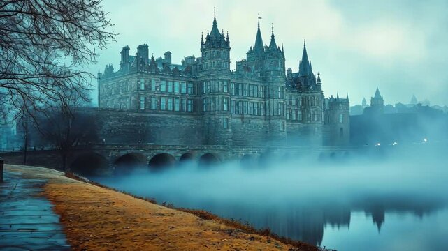 Majestic castle in misty landscape by tranquil riverbank