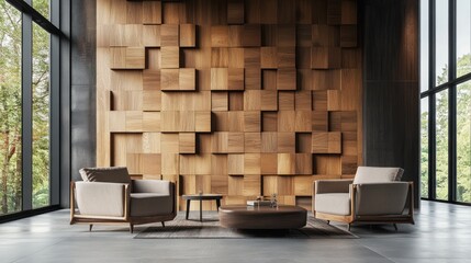 Modern lobby with wood wall, armchairs, and city view