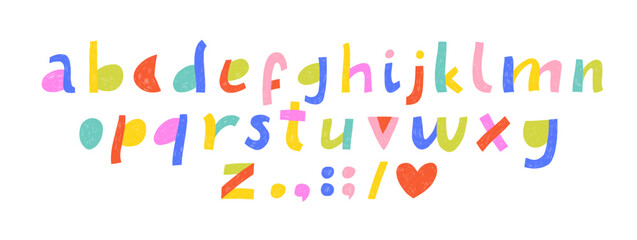Colorful childish bold font with crayon or pencil texture. Handwritting funky font, scribbled comic alphabet. Cute playful doodle font for school, kindergarten, home decoration and kid's design.