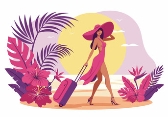 Elegant woman with a suitcase arriving for her summer holiday vacation at a tropical beach. Flat illustration style with a warm, inviting color palette