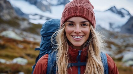 Happy hiker smiling, mountain backdrop, travel adventure