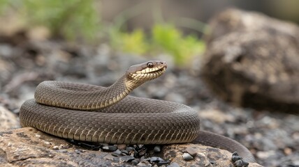 Fototapeta premium A majestic snake slithering over rocky terrain, displaying its unique scales and captivating presence. The snake is in its natural habitat.