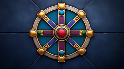 Ornamental Mandala Wheel With Gemstones On Dark Blue Background
