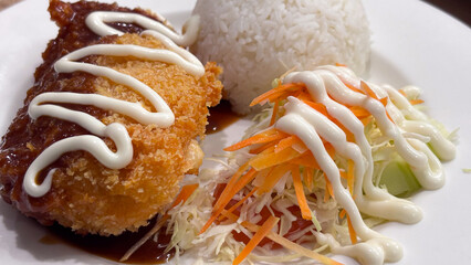 Close-up of Chicken Katsu meal with rice and salad, topped with sauce and mayo