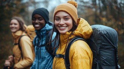 Happy hikers smiling in autumn forest