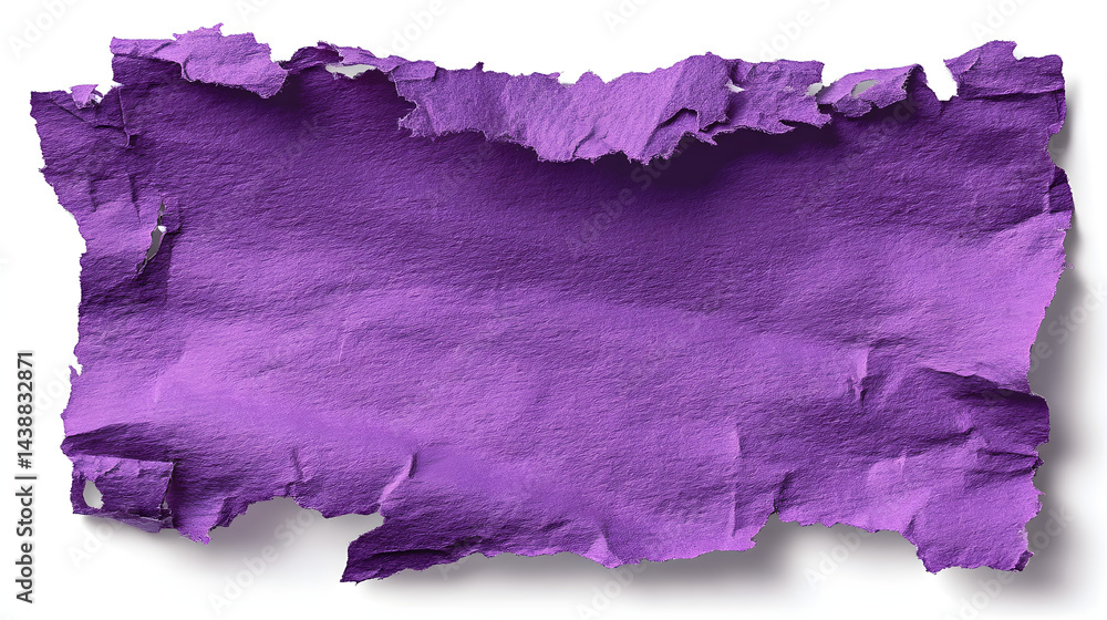 Poster textured violet paper with a rough, torn edge creates an abstract shape, casting a soft shadow on a 
