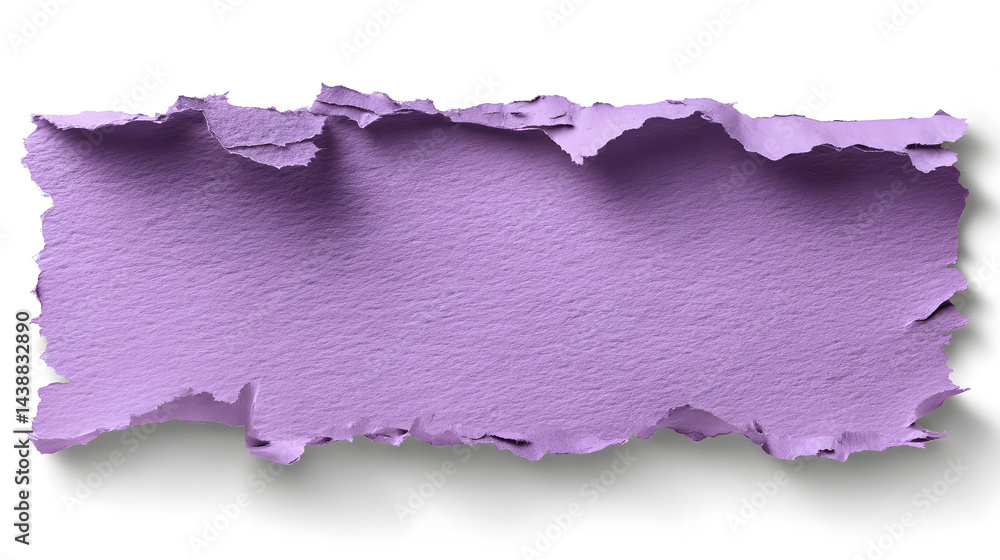 Poster textured lavender paper scrap with rough torn edges and visible fibers, casting a soft shadow on a w