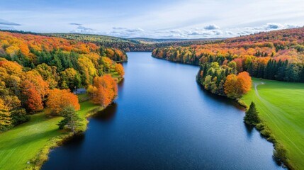 Obraz premium Scenic Aerial View of Autumn Forest and Serene River Landscape