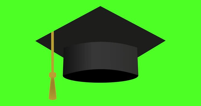 Graduation cap animation on green screen background. University or college graduation hat with tassel. Education animated icon.