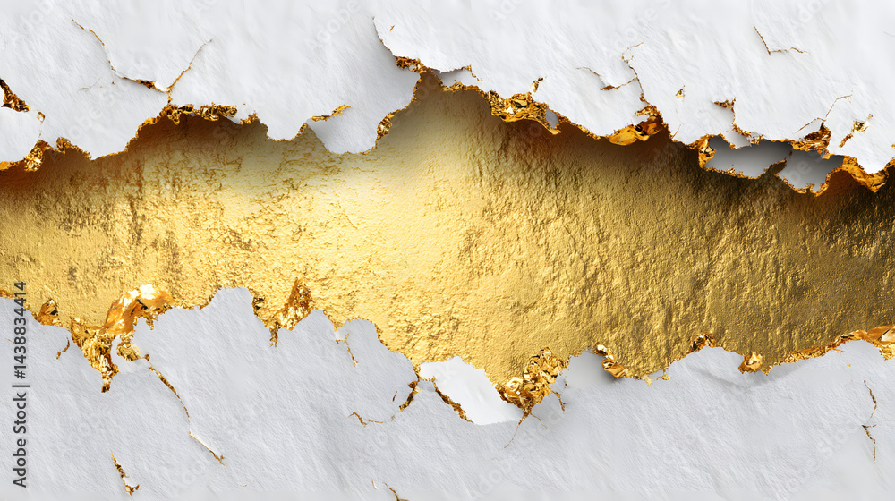 Poster abstract textural background with cracked white surface revealing a shimmering golden layer undernea