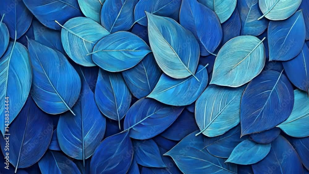 Poster elegant blue leaf patterns transitioning in a synchronized flow