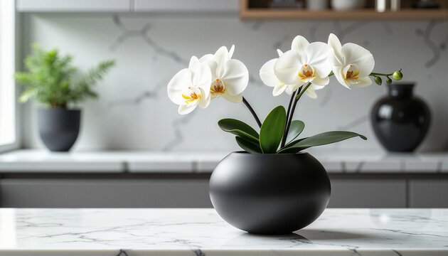 Elegant white orchids in a modern black vase on a marble table  