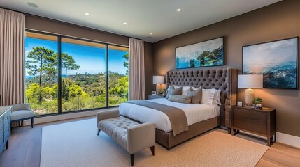 Contemporary bedroom with tufted headboard, sleek nightstands, and neutral palette