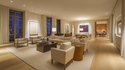 Contemporary living room with neutral-toned couch, abstract art, and minimalist lighting