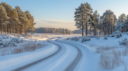 Obraz premium Snowy road curves through winter forest at sunrise, ideal for travel or winter scene