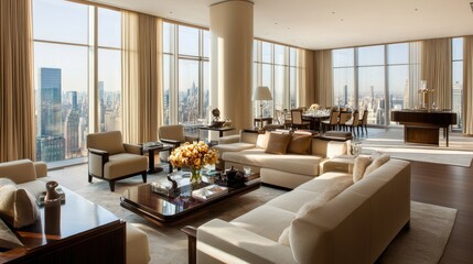 Contemporary living room with neutral tones, clean lines, modern furniture, and classic accents