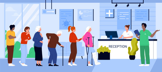 Hospital reception room with patients waiting in queue to doctor, clinic hall interior with sick people. Old and young characters with crutches and injury, bad back, cough cartoon vector illustration