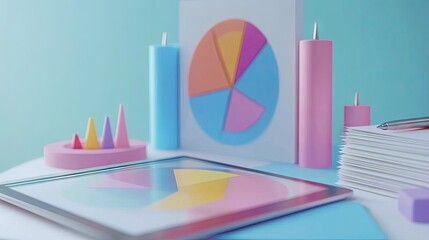 Obraz premium Digital tablet with colorful pie charts, professional pen, and paper stack with handwritten notes