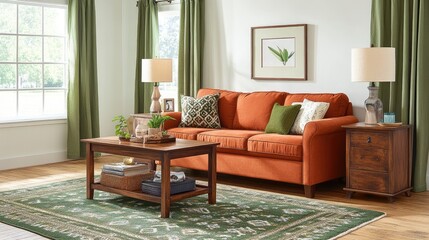 Obraz premium Earth tone living room with burnt orange sofa, muted green rug, and wooden coffee table