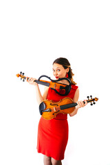 Musician posing with acoustic and electric violins wearing red dress