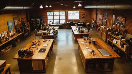 Loft-style workspace with raw cement floors, exposed pipes, and reclaimed wood desks