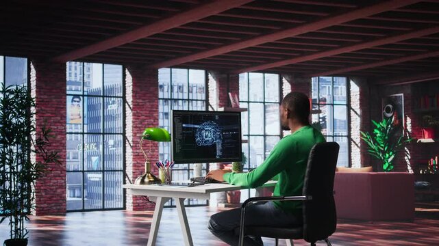 African american technician writes code on AI brain neural network for machine learning, doing maintenance and debugging the software systems. IT expert uses programming language. Camera B.