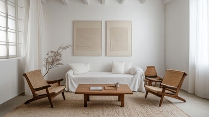 Minimalist home with clean lines, white walls, few decorations, and earth tone furniture
