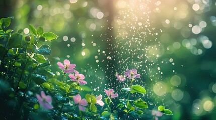 Mini sprinkler watering vibrant garden flowers with blurred background of green foliage