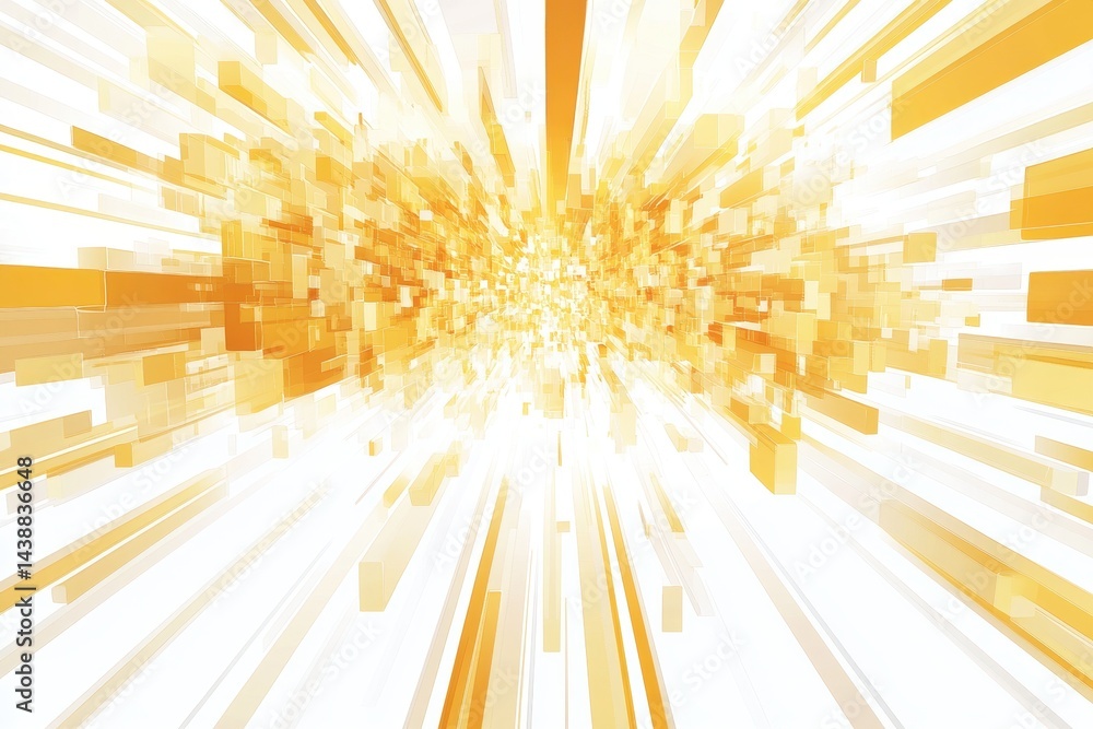 Poster abstract digital art with golden blocks radiating outwards. a dynamic, energetic display of geometri