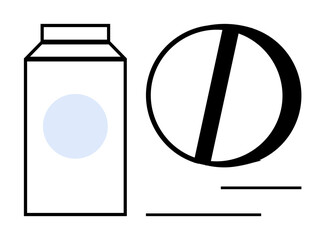 Milk carton beside a bold split black-and-white circle, linked by lined details. Ideal for packaging, minimalism, modernity, contrast, nutrition, conceptual design branding. Flat simple metaphor