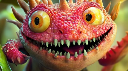 Adorable Pink Spiky Dragon Cartoon Character Fantasy Creature Digital Art Illustration 3D Render Cute Monster Friendly Beast Mythical Beast Imaginative Design Red Eyes Grin Image Comic Funny Happy    