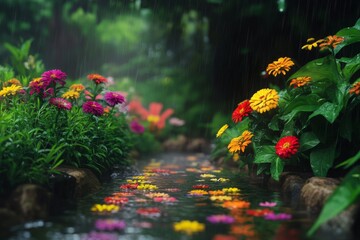 Colorful flowers in a garden during a rain shower