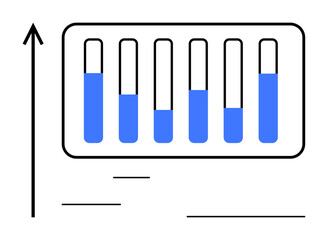 Test tubes with blue liquid in variable levels, upward growth arrow, abstract geometric elements. Ideal for research, analysis, education, laboratory, innovation, progress simple landing page