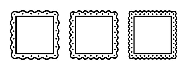 Set of square frames with wavy edges. Vignettes for picture, photo or mirror with wiggly borders. Empty boxes, tags, stamps or labels isolated on white background. Vector graphic illustration.