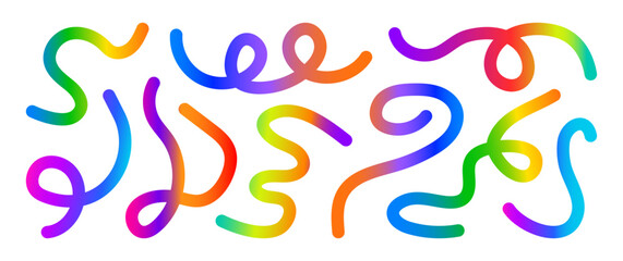 Line shape color gradient, abstract wave 3d element, fluid ribbon rainbow color, spiral dynamic kid doodle, colorful neon gradation fun curve isolated on white background. Bright vector illustration