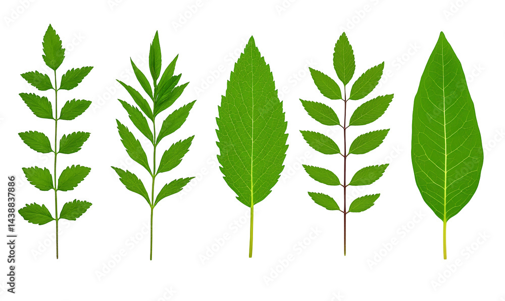 Poster five green leaves with varying shapes and textures are arranged against a transparent background. th