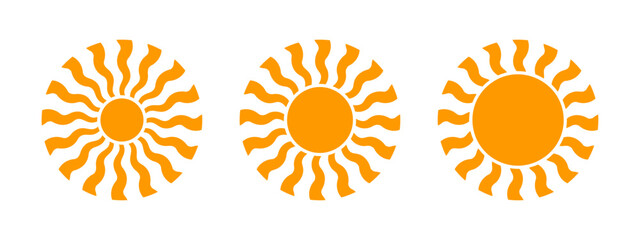 Set of groovy sun or daisy flower silhouettes isolated on background. Sunburst, sunshine or sunlight signs. Summer theme symbols. Modern positive vibes pictograms. Vector flat illustration.