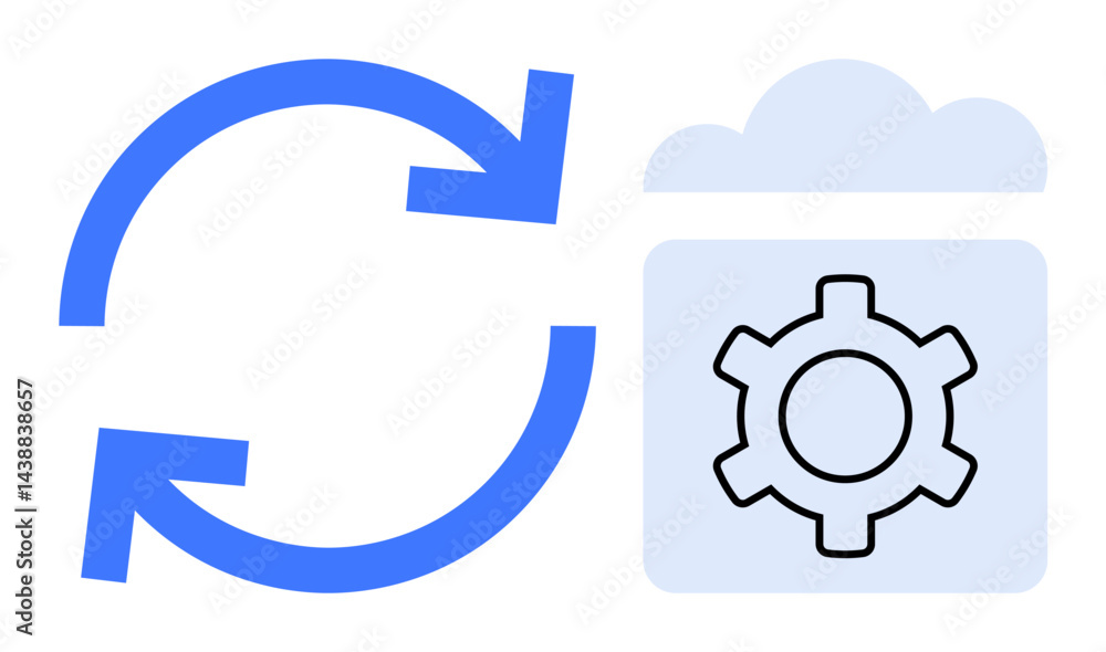 Poster two blue curved arrows encircling a cloud with a gear representing synchronization, cloud computing,