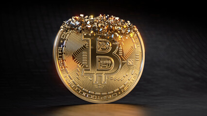 Single BTC Golden Coin starting to Fall in to many Pieces on a dark surface. 3D Render