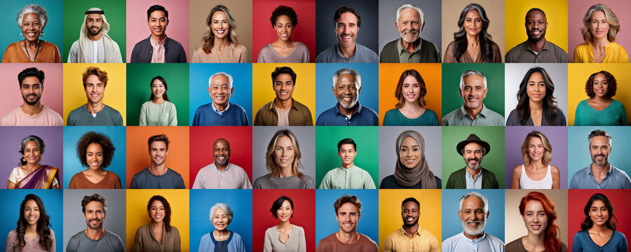 Diverse portraits of people from different ethnicities, ages, sexual orientations, religions, and cultures on colorful background. Diversity and inclusion concept.
