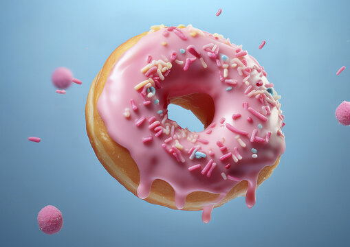 Un donut con azucar rosa en fondo azul rosquilla dulce